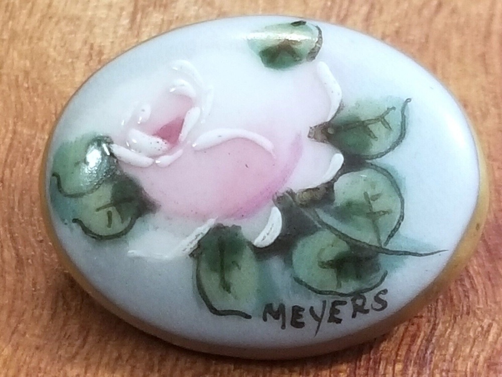 Vintage Victorian Style Signed Meyers Hand Painted Pink Rose Oval Brooch